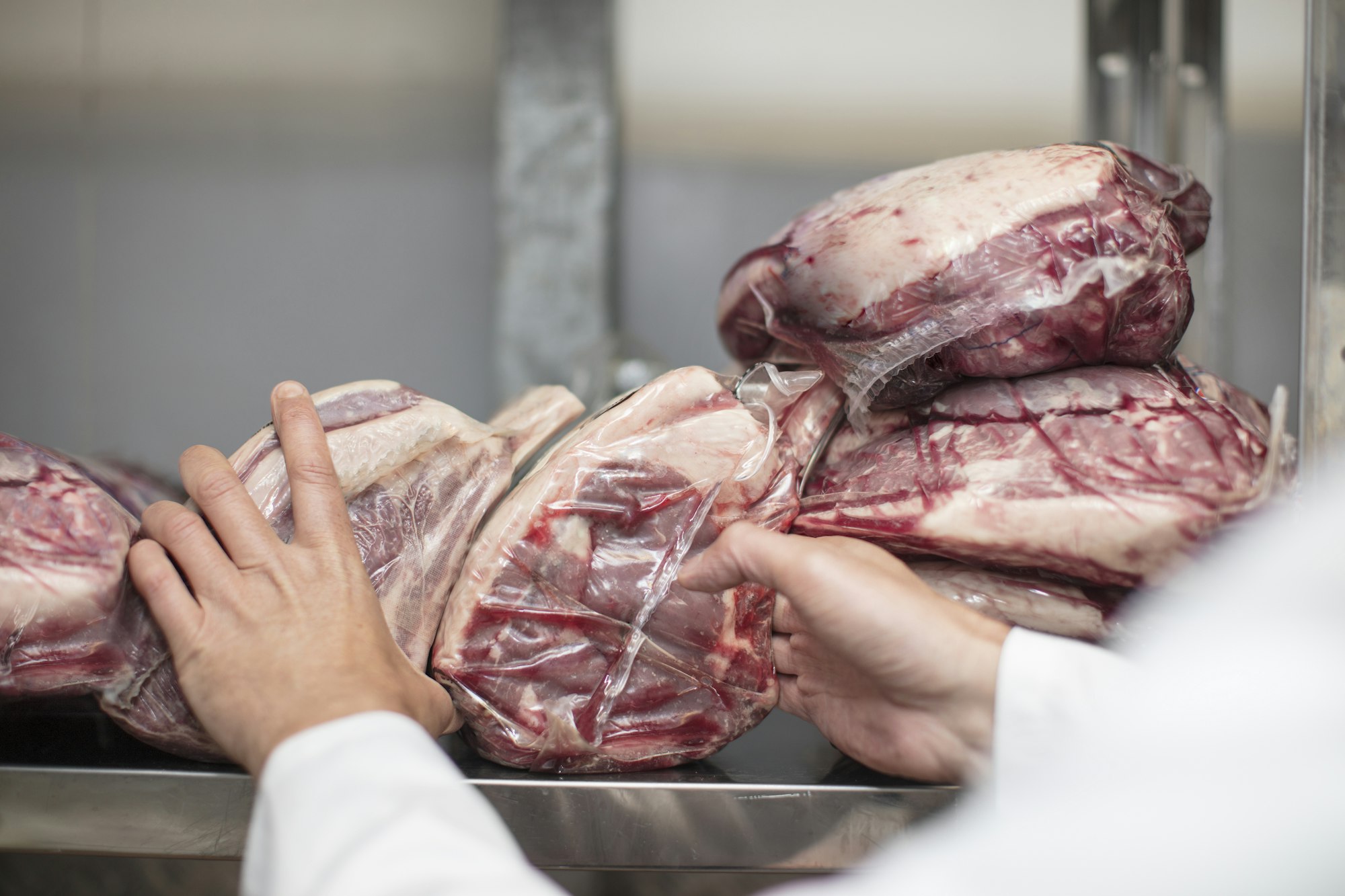 Close-up of butcher packing meat on shelf